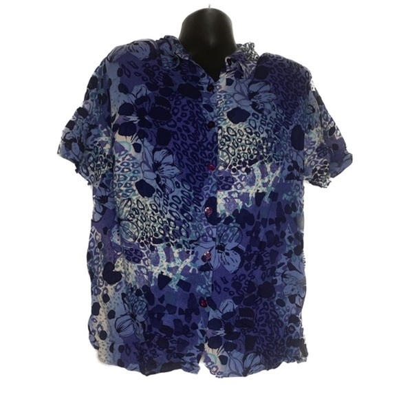 Db Line Tops - db Line Leopard & Floral Print Button Up Shirt (Size: 1X, Color: Blue/White)